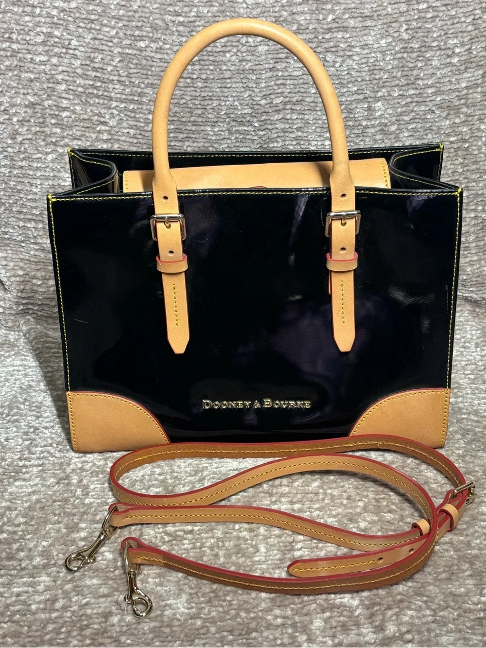 Dooney & Bourke Black Patent with Tan Leather Trim Satchel